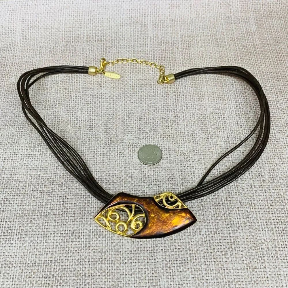 Avenue Muti Strand Brown Leather Enameled Necklace